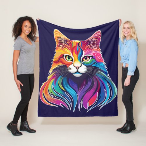 Cat Maine Coon Portrait Rainbow Colors  Fleece Blanket