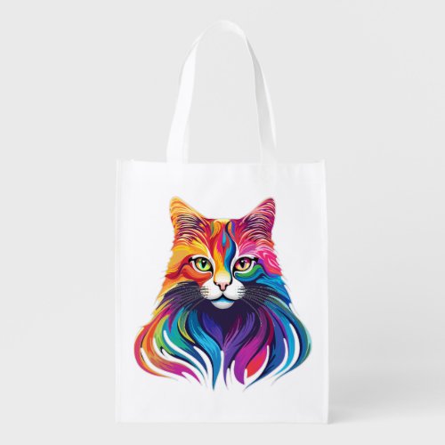 Cat Maine Coon Portrait Rainbow Colors  Grocery Bag