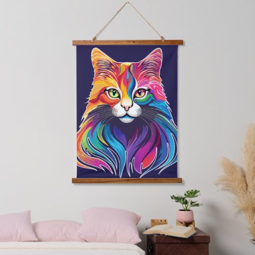 Cat Maine Coon Portrait Rainbow Colors  Hanging Tapestry