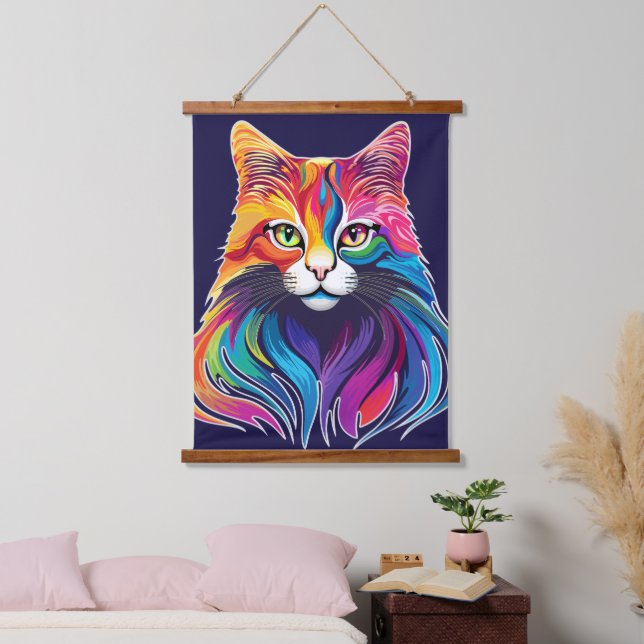 Cat Maine Coon Portrait Rainbow Colors  Hanging Tapestry (Bedroom)
