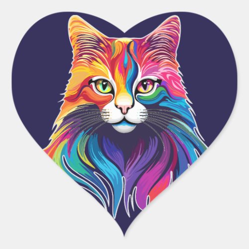 Cat Maine Coon Portrait Rainbow Colors  Heart Sticker