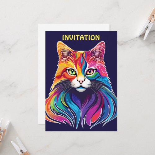 Cat Maine Coon Portrait Rainbow Colors  Invitation
