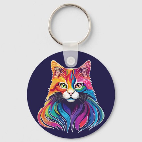 Cat Maine Coon Portrait Rainbow Colors  Keychain
