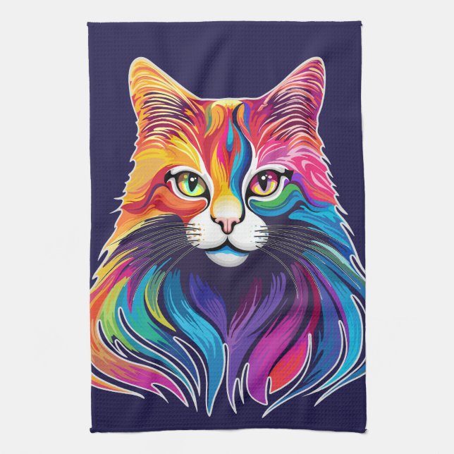 Cat Maine Coon Portrait Rainbow Colors  Kitchen Towel (Vertical)