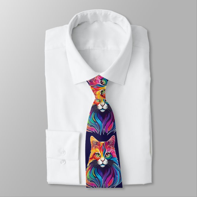 Cat Maine Coon Portrait Rainbow Colors  Neck Tie (Tied)