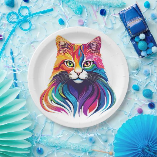 Cat Maine Coon Portrait Rainbow Colors  Paper Plates