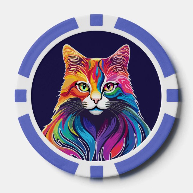 Cat Maine Coon Portrait Rainbow Colors  Poker Chips (Front)