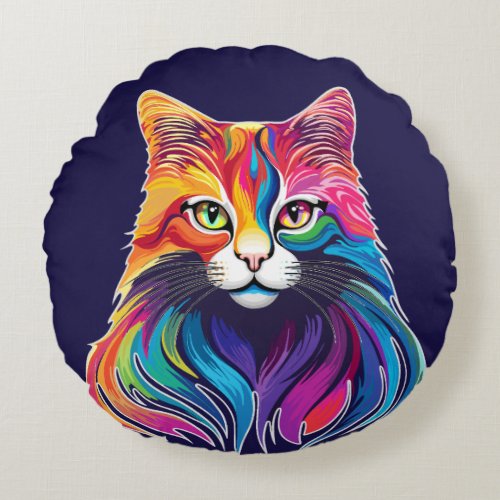 Cat Maine Coon Portrait Rainbow Colors  Round Pillow