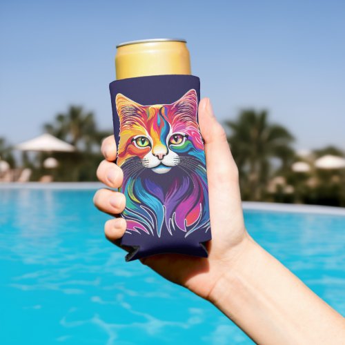 Cat Maine Coon Portrait Rainbow Colors  Seltzer Can Cooler