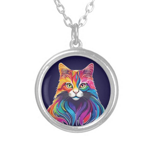 Cat Maine Coon Portrait Rainbow Colors  Silver Plated Necklace