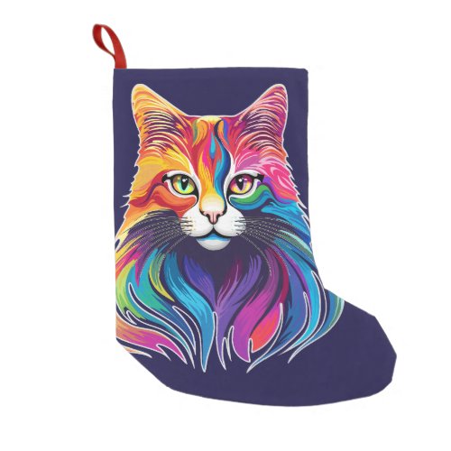 Cat Maine Coon Portrait Rainbow Colors  Small Christmas Stocking