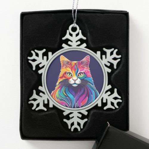Cat Maine Coon Portrait Rainbow Colors  Snowflake Pewter Christmas Ornament