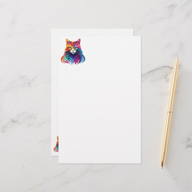 Cat Maine Coon Portrait Rainbow Colors  Stationery (Front/Back In Situ)