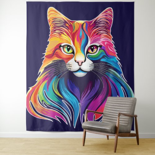 Cat Maine Coon Portrait Rainbow Colors  Tapestry