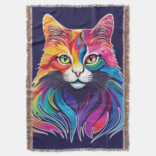 Cat Maine Coon Portrait Rainbow Colors  Throw Blanket