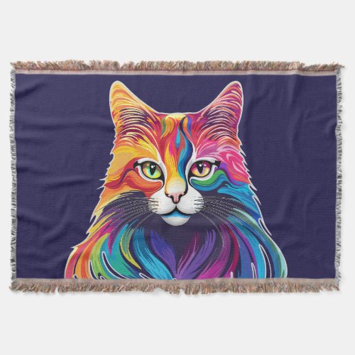 Cat Maine Coon Portrait Rainbow Colors  Throw Blanket