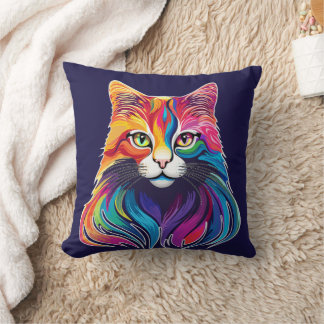 Cat Maine Coon Portrait Rainbow Colors Throw Pillow