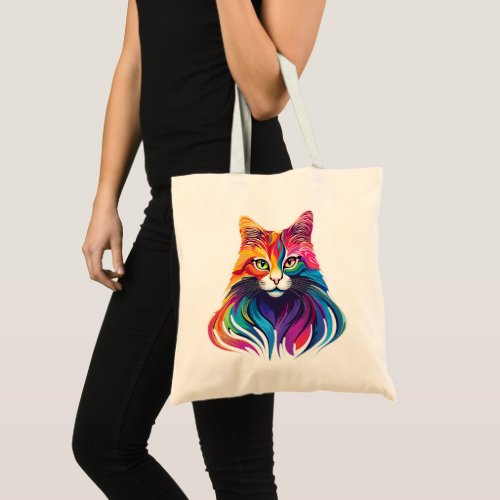 Cat Maine Coon Portrait Rainbow Colors  Tote Bag