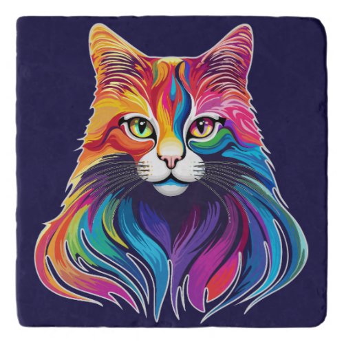 Cat Maine Coon Portrait Rainbow Colors  Trivet