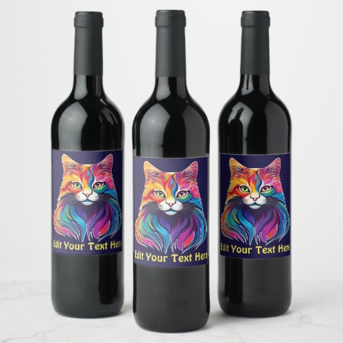 Cat Maine Coon Portrait Rainbow Colors  Wine Label