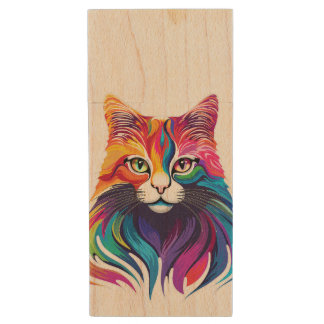 Cat Maine Coon Portrait Rainbow Colors Wood Flash Drive