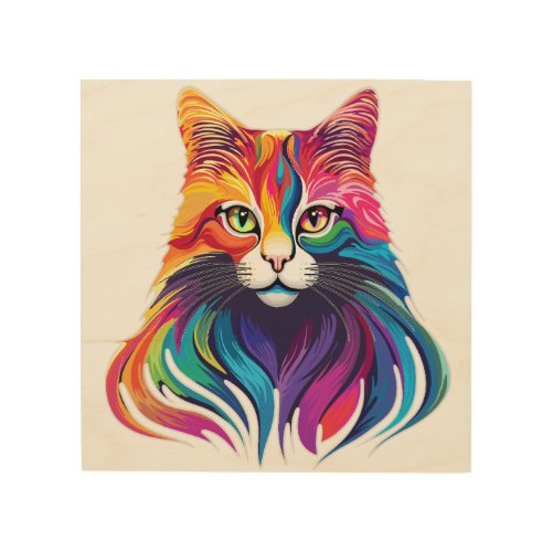 Cat Maine Coon Portrait Rainbow Colors  Wood Wall Art