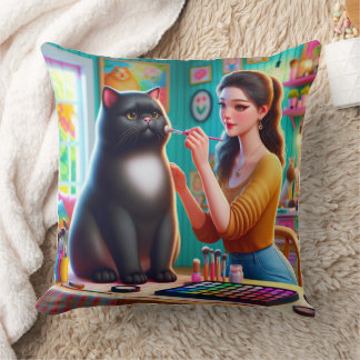 Cat making over beauty with a girl throw pillow