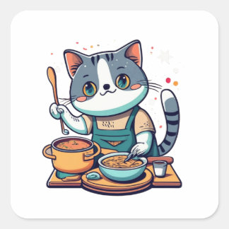 Cat Making Soup Square Sticker