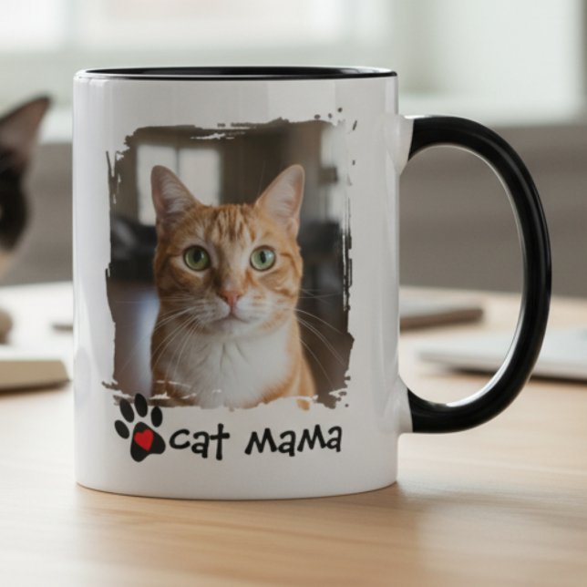 Cat Mama Photo Pet Lover Rescue Advocate Two-Tone Coffee Mug (Personalized "Cat Mama" photo mug for the rescue advocate — perfect birthday gift idea for her)
