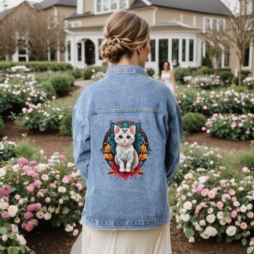 cat mandala design denim jacket