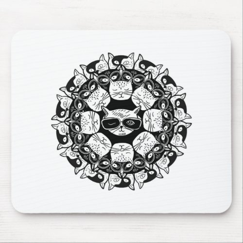 Cat Mandala in Black and White Mouse Pad