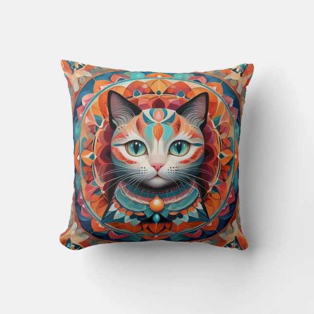 Cat Mandala Throw Pillow (Front)