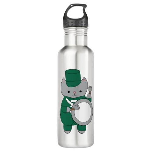 Cat Marching Band Bass Drummer Green and White Stainless Steel Water Bottle