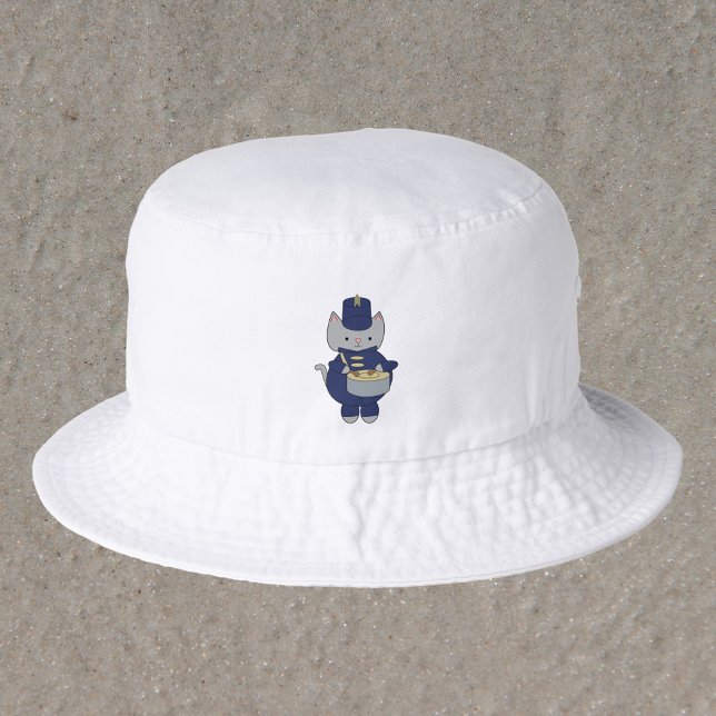 Cat Marching Band Drummer Navy Blue Gold Bucket Hat (A bucket hat with a cat playing a snare drum in a navy blue and gold marching band uniform.)