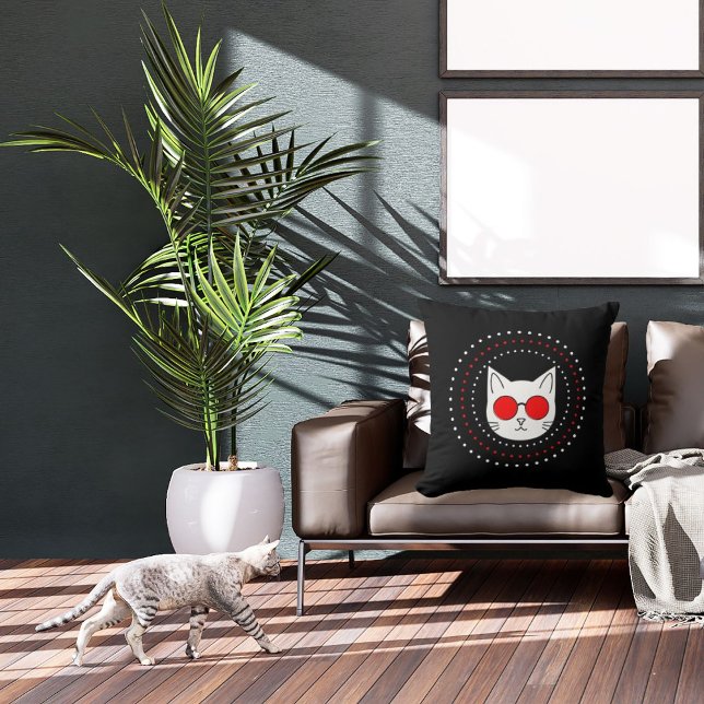Cat Mascot Sun Glasses Funny Cool Cute Red Black Throw Pillow (Creator Uploaded)