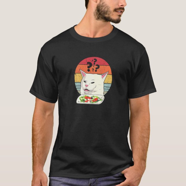 Cat Meme Retro Yelling At Cats Eating Salad T-Shirt (Front)