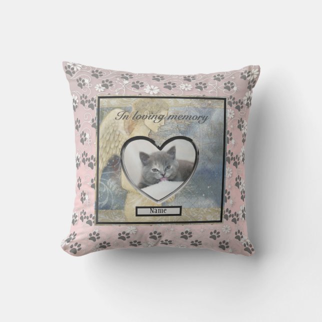 Cat Memorial Angel Paws Photo Personalized Throw Pillow (Front)