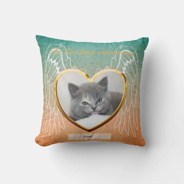 Cat Memorial Angel Wings Photo Personalized Throw Pillow (Front)