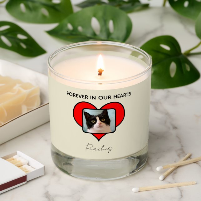 Cat Memorial Candle with Photo in Heart (Lit)