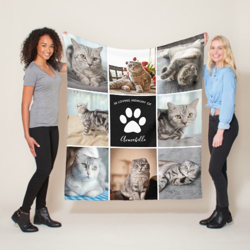 Cat Memorial Custom Pet Photo Collage Paw Print Fleece Blanket