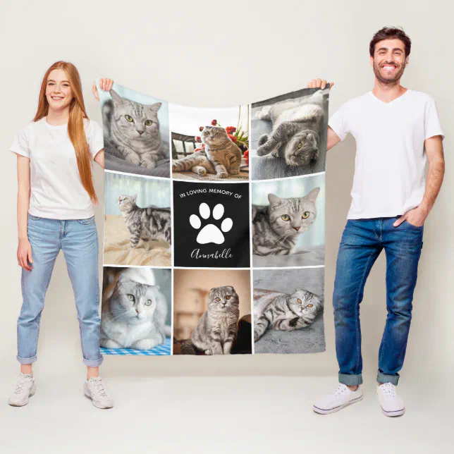 Cat Memorial Custom Pet Photo Collage Paw Print Fleece Blanket | Zazzle