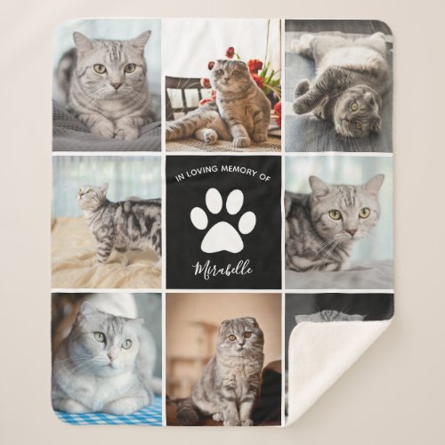 Cat Memorial Custom Pet Photo Collage Paw Print Sherpa Blanket