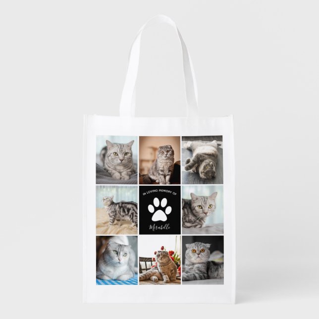 Cat Memorial Custom Photo Collage Paw Print Grocery Bag (Front)
