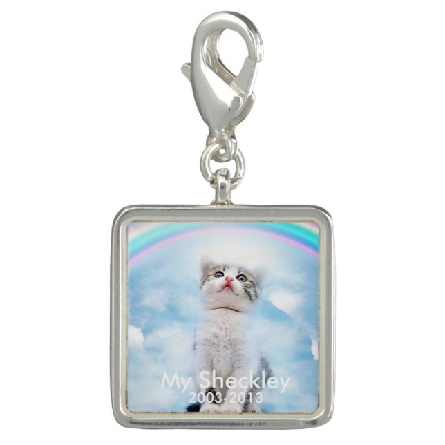 Cat Memorial Custom Square Charm, Silver Plated Charm (Front)