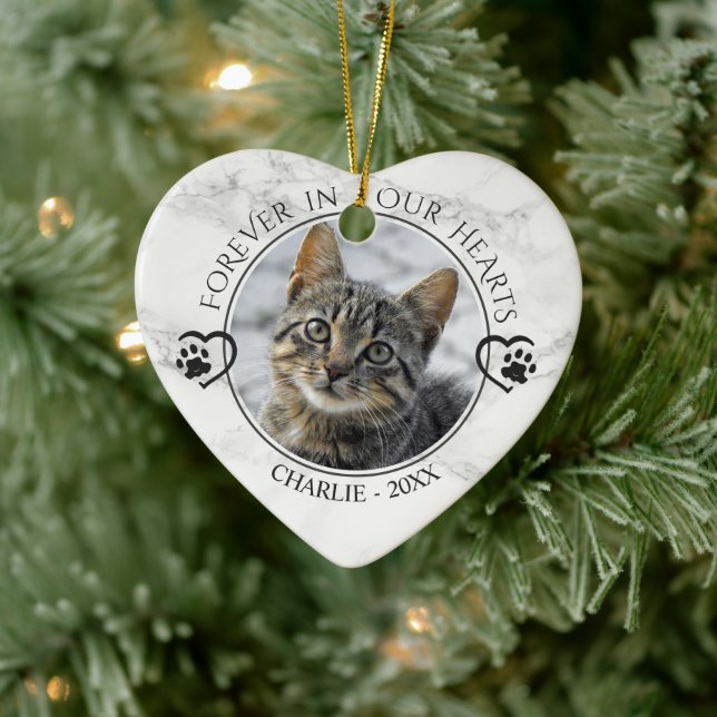 Cat Memorial Forever in Our Hearts Photo Marble Ceramic Ornament (Tree)