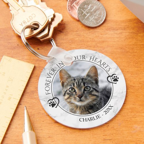 Cat Memorial Forever in Our Hearts Photo Marble Keychain