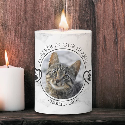 Cat Memorial Forever in Our Hearts Photo Marble Pillar Candle