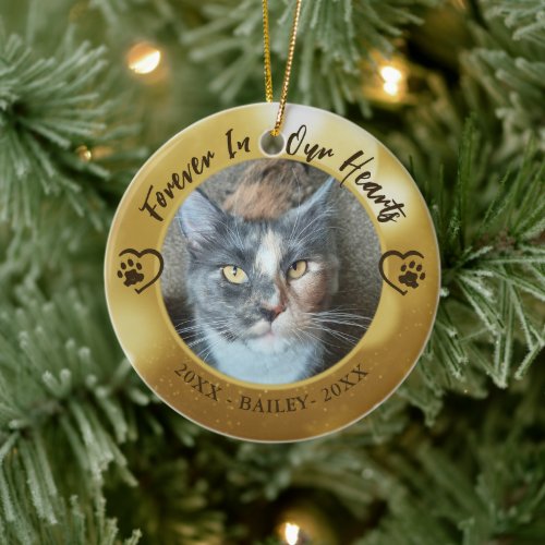 Cat Memorial Forever in Our Hearts Photo Paw Heart Ceramic Ornament