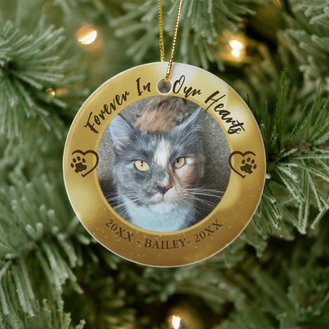 Cat Memorial Forever in Our Hearts Photo Paw Heart Ceramic Ornament (Tree)