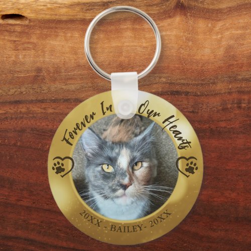 Cat Memorial Forever in Our Hearts Photo Paw Heart Keychain